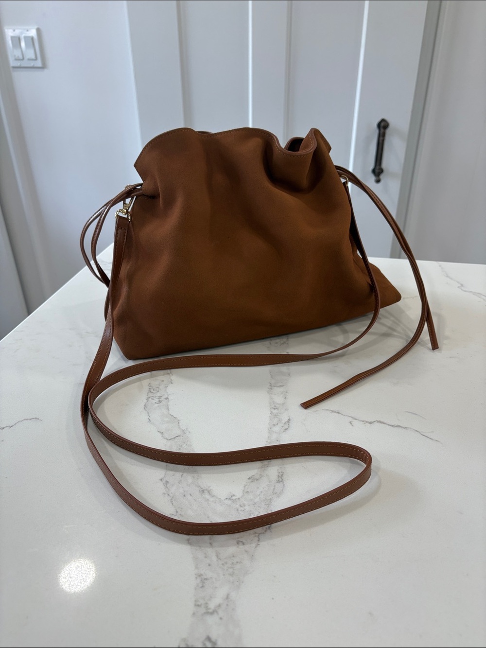 Ann Taylor Cognac Brown Suede Drawstring Shoulder Bag Purse - Picture 3 of 14